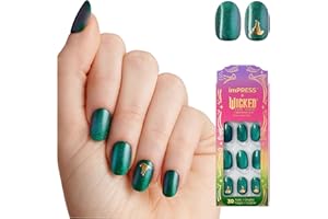 imPRESS X WICKED: FOR GOOD Press On Nails, ‘A Story of Two Halves’, Green, Short Oval, New Improved Adhesive, Up To 10 Day Hold, Includes 30 Fake Nails, 1 Prep Pad, 1 Manicure Stick, 1 Mini File