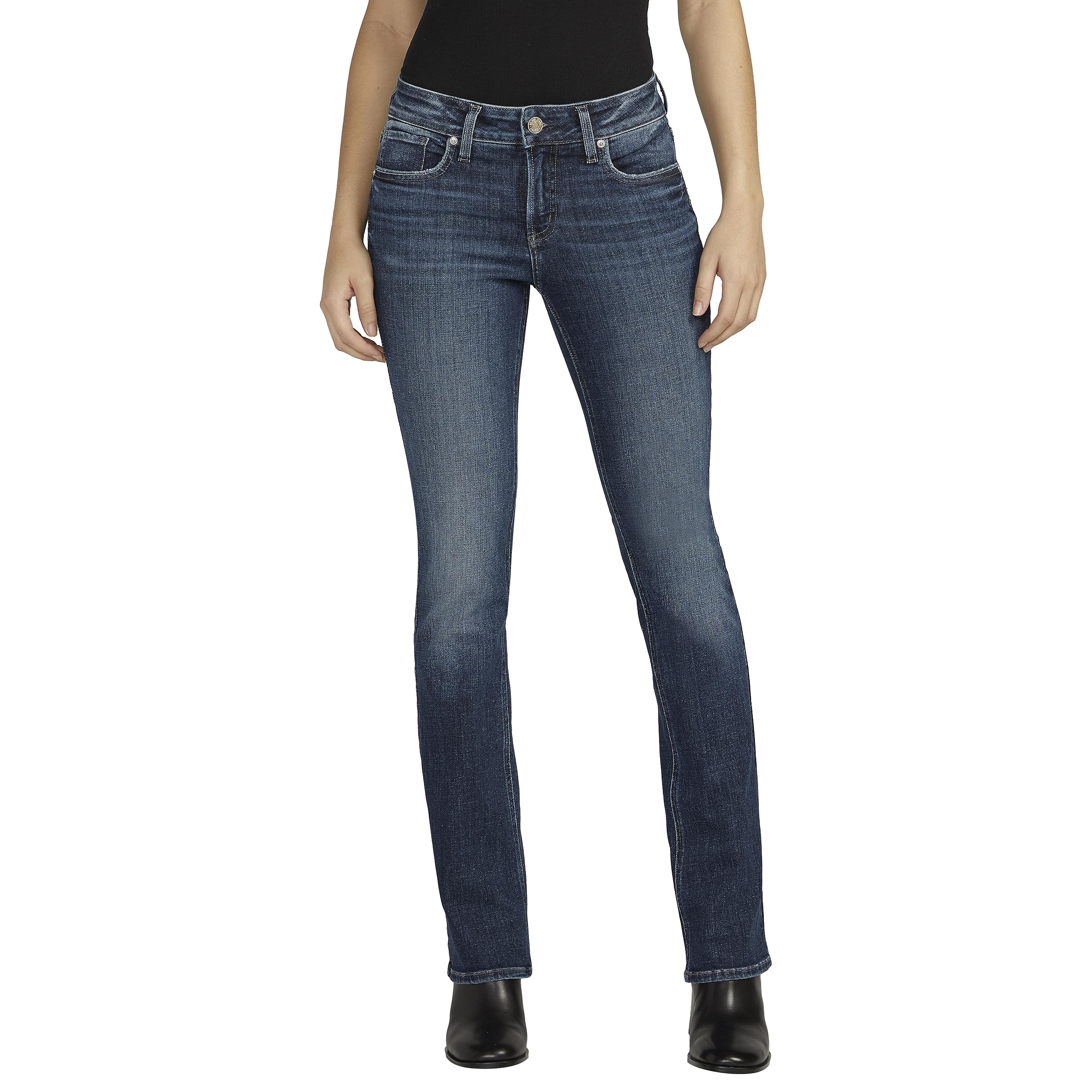 Silver Jeans Co. Women’s Elyse Mid Rise Comfot Fit Slim Bootcut Jeans, Med Wash EAE366, 36W x 31L