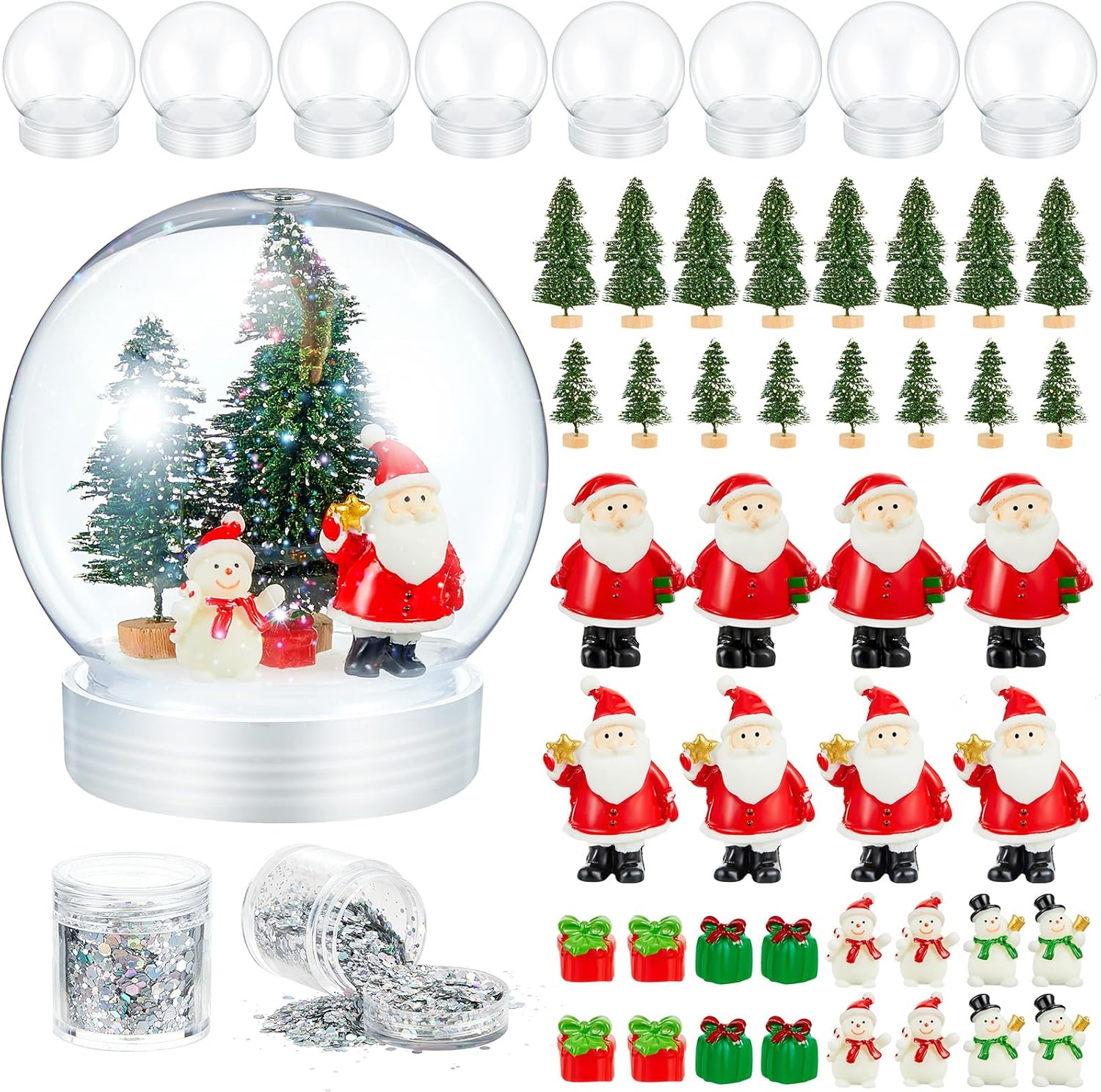 Snow Globes - Qunclay 8 Set Christmas Clear Plastic Snow Globes Kit with Frosted Christmas Trees Mini Christmas Santa Claus Ornaments Resin Snowman Sequins for DIY Xmas Room Decor Home Decoration Table Top Crafts