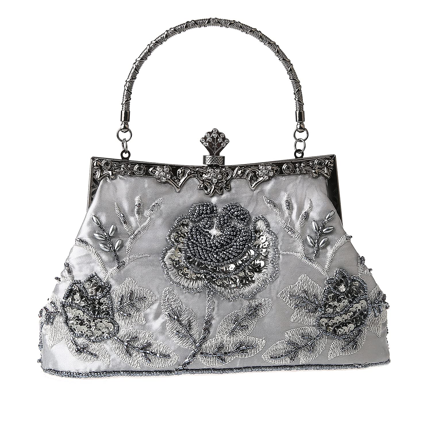 MMYOMI Vintage Floral Beaded Rhinestone Embroidery Clutch Sequin Wedding Party Prom Bag Bridal Ladies Crossbody Evening Handbag (Grey)
