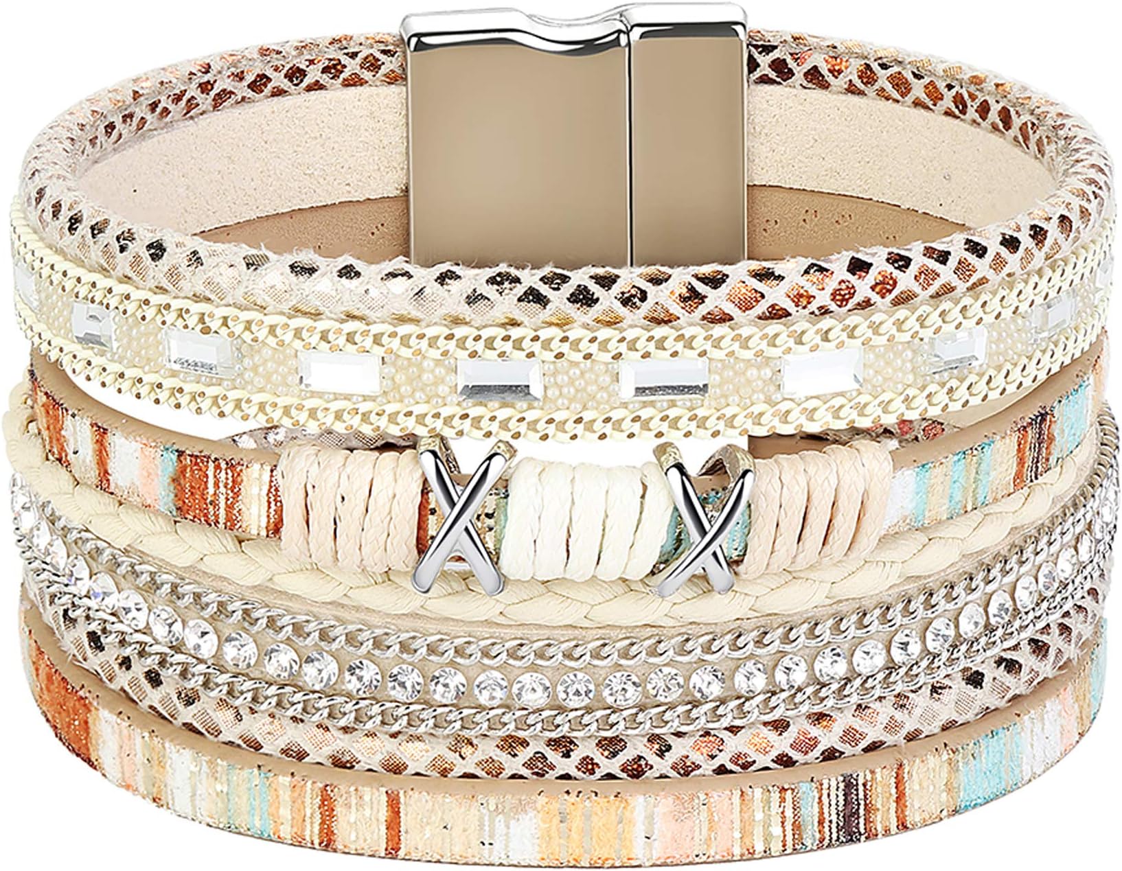FIBO STEEL Boho Wrap Bracelets for Women Braided Leather Rope Handmade Multi-Layer Cuff Bangle