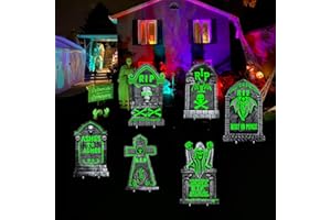 CINIQY 6 Pack Light Up Halloween Tombstones Decoration, 16.5"x11" Spooky Graveyard Decor for Outdoor Yard Parties, Waterproof Plastic Grave Markers with 12 Stakes for Cemetery Lawn Displays
