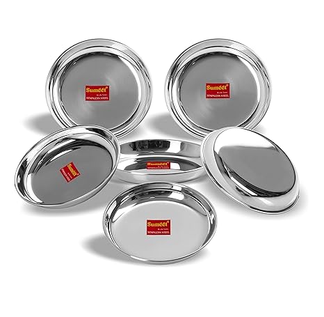 Sumeet Stainless Steel Heavy Gauge Medium Halwa Plates with Mirror Finish 17cm Dia - Set of 6pc
