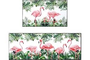 Bencailor 2 Pcs Christmas Flamingo Kitchen Rugs and Mats Set Non Slip Flamingo Kitchen Mat Cabin Rustic Bathroom Rugs for Floor Door Home Decor, 29 x 17 Inch and 47 x 17 Inch(Nature Style)