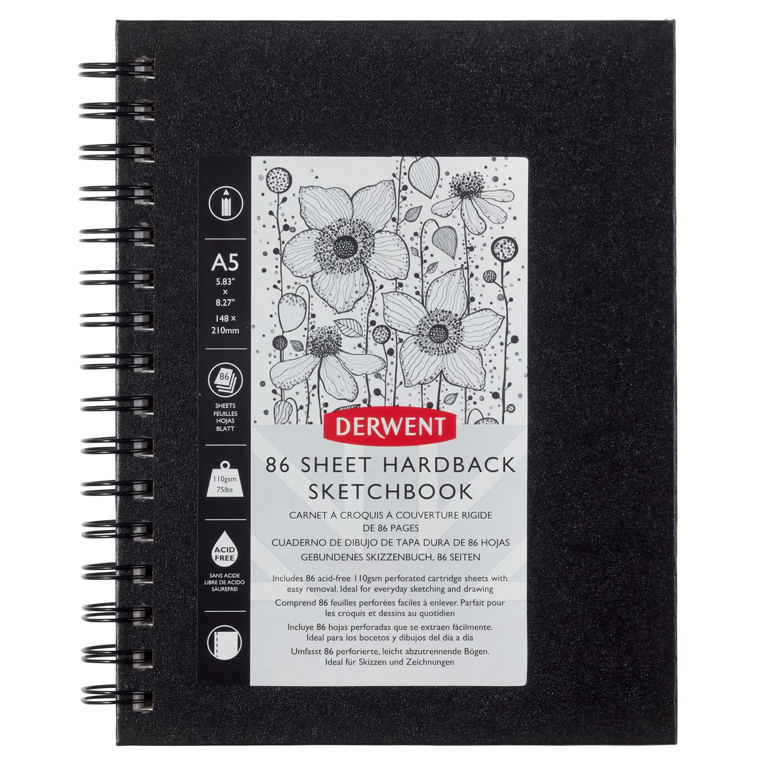 Derwent Big Book Hardback Sketch Book, A5 Portrait, Drawing & Writing, 86 Sheets, Acid-Free Paper, Wirebound Spine, Professional Quality, 2301608, Black