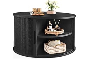 LINSY HOME Round Coffee Table, 31.5" Drum Coffee Table with Sliding Tambour Door, Fluted Accent Center Table with Storage, Mid Century Modern Coffee Table for Living Room (Black)