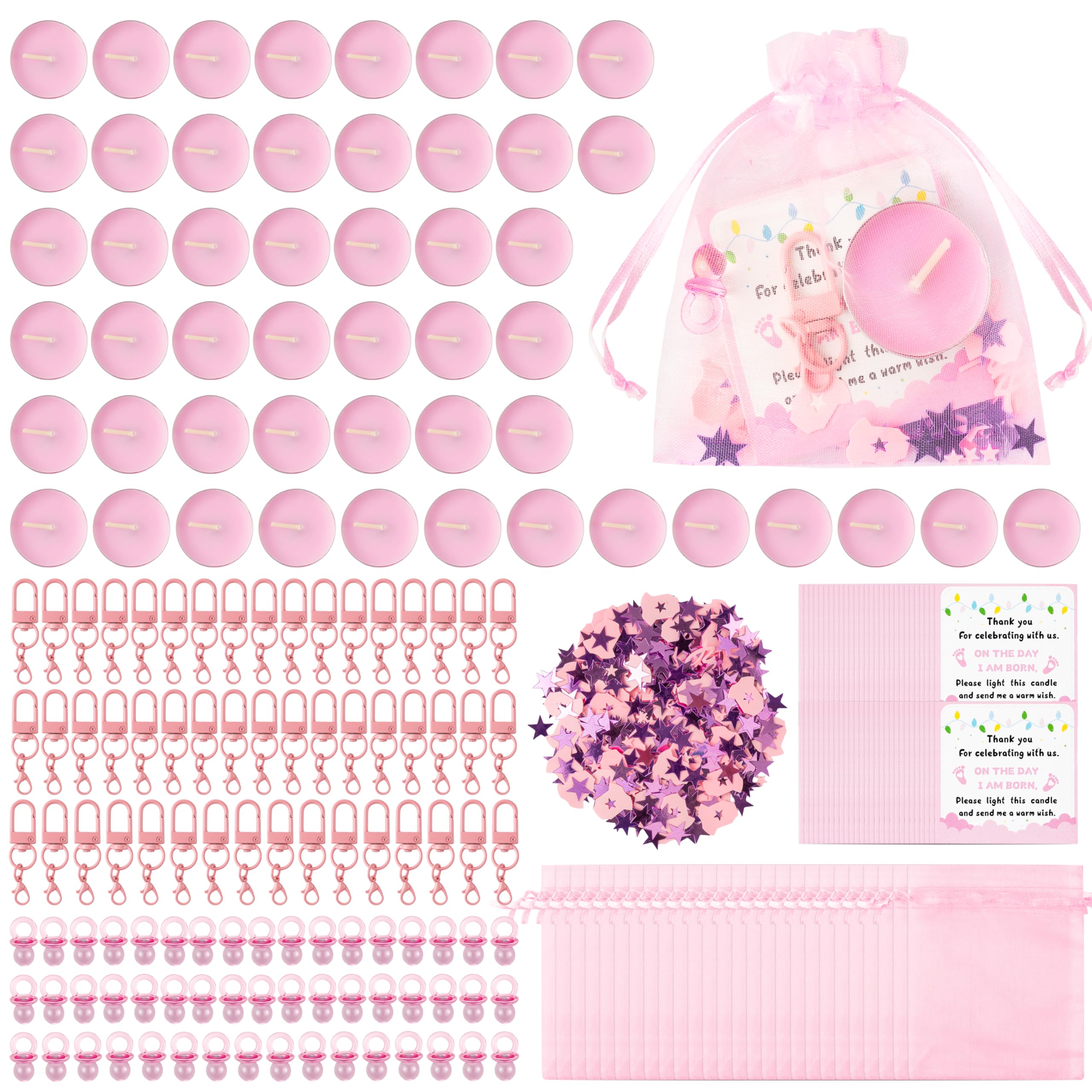 GoaePode Pink Baby Shower Favours for Girls Little Princess Party Gift with Thank You Cards Pink Glitter Tea Light Candles & Organza Bags Acrylic Keys Rings Gender Reveal Guest Presents
