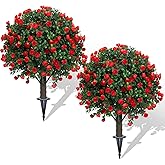 Set of 2 Artificial Boxwood Topiary Ball Trees with Red Flowers for Outdoor with Ground Spike 22", UV Resistant Faux Greenery Shrubs, Fake Plants for Garden, Yard, Porch, Patio Valentine's Day Decor