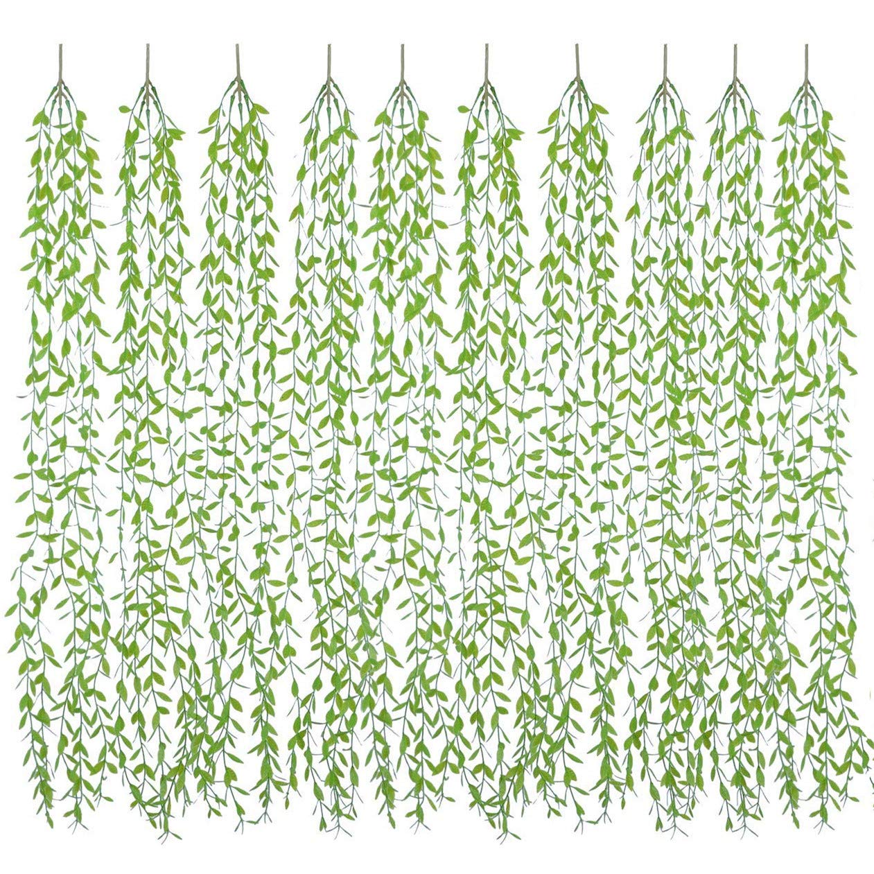 Artificial Hanging Vine, 10 Pcs Weeping Willow Plastic Plants Greenery Leaves Faux Ivy Garland Fake Plant UV Resistant for Indoor Outdoor Garden Door Wall Baskets Wedding Party Table Decoration Green