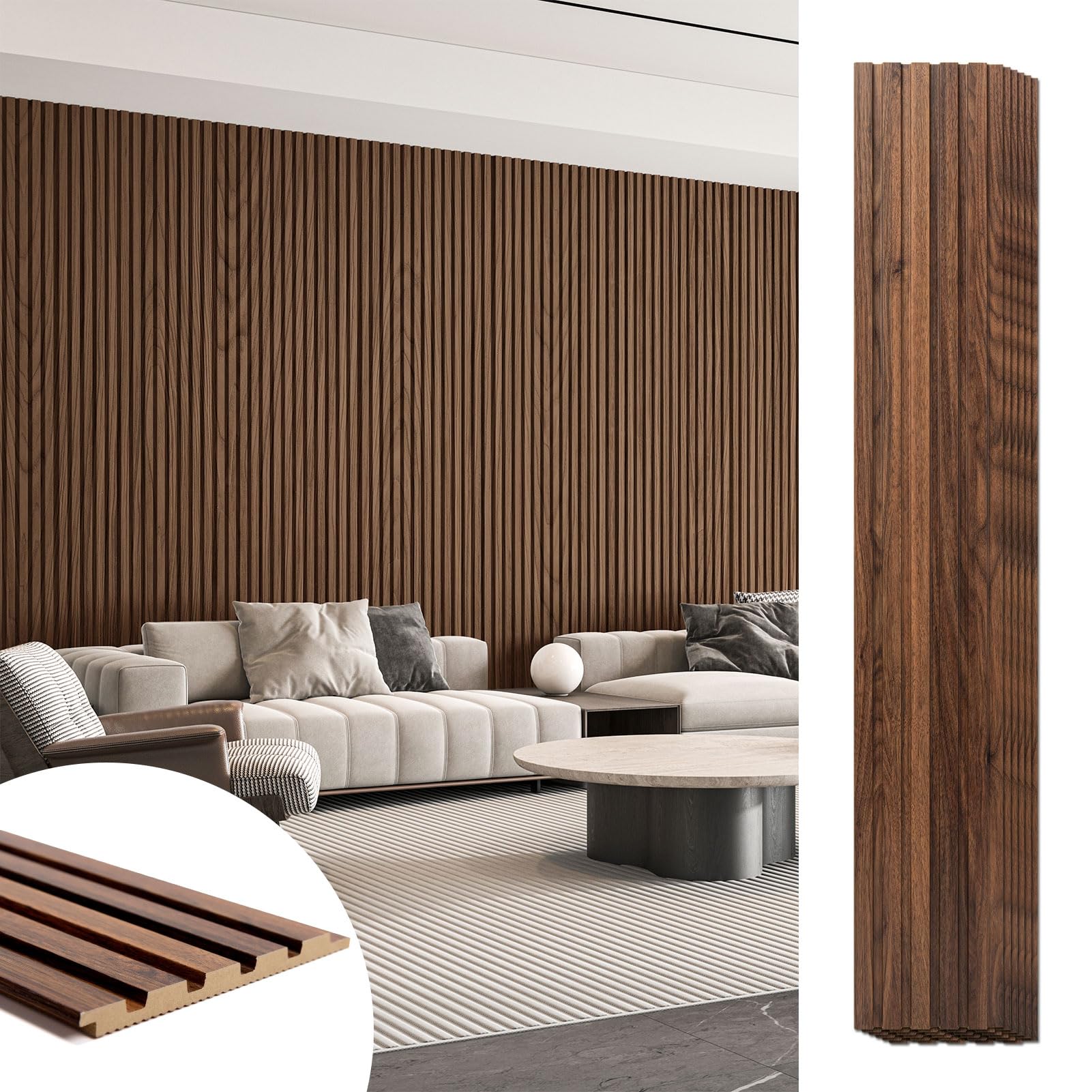 Photo 1 of Art3d 6-Pieces Wood Slat Wall Panels for Stylish Interior Decor, MDF 3D Textured Fluted Wood Panel for livingroom?Bedroom, Size 94.6 x 7.4 in-Walnut