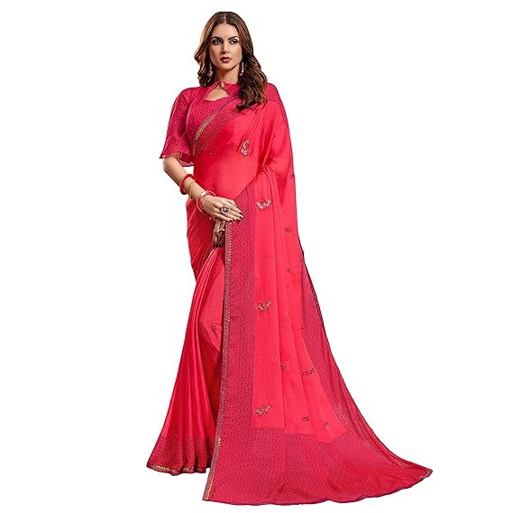 Poly Chiffon Embroidered Saree[NAYNA20051SSR04_Mustard & Red]