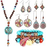 Kigeli Bohemian Retro Dangle Jewelry Set Boho Retro Rhinestone Drop Earrings Multi-layer Beaded Leather Bracelet and Turquoise Bead Necklace Jewelry for Women(Elephant)