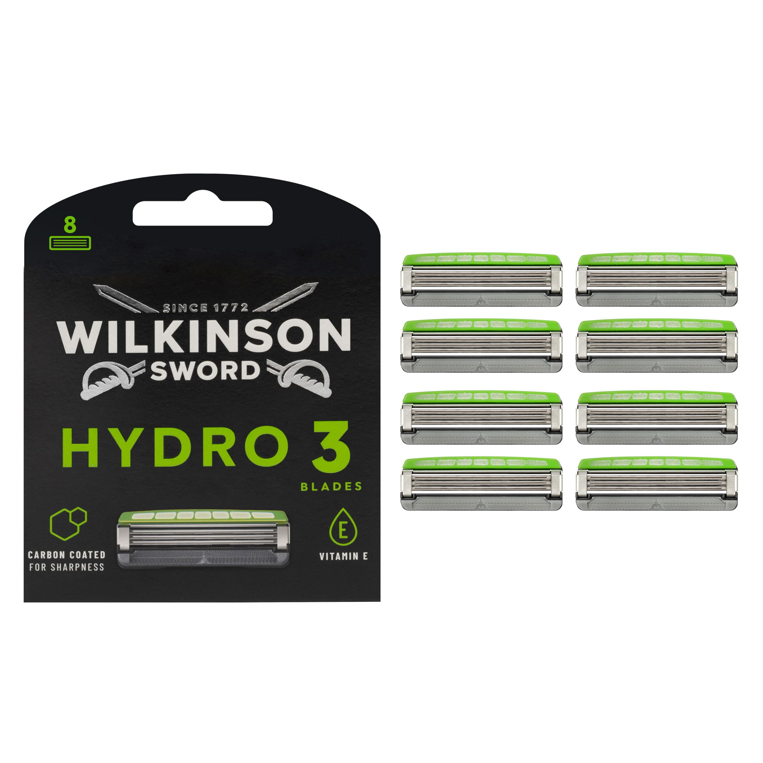 Wilkinson Sword Hydro 3 Men’s Razor Refills, Great Addition to Wash Bags for Men's Grooming, Great Shavers for Routine Shaving, 8 Refill Razor Blades Pack