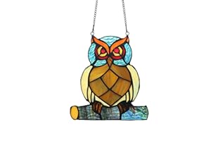 Alivagar Stained Glass Owl Window Hanging Tiffany Style, 7" x 6"