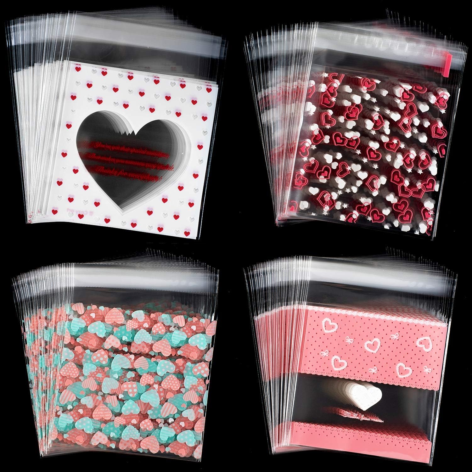 Whaline 400 Pieces Valentine Cellophane Bags Cookie Treat Bags