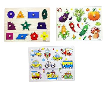 Hnt Kids Wooden pegged Shape Vegetable and Transport Inset Puzzle