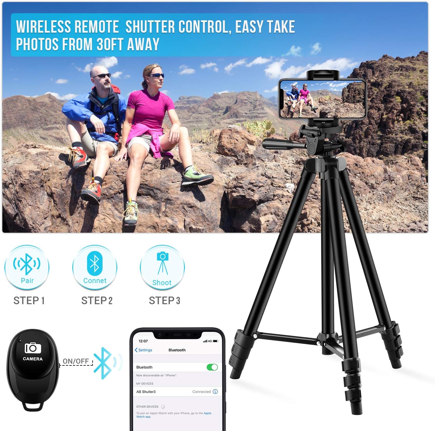 【New Version】 Phone Tripod, Premium Aluminum Alloy Camera Tripod with Cell Phone Mount & Wireless Bluetooth Remote, Professional 50" Extendable Portable Tripod Stand, Compatible with iOS/Android : Camera & Photo