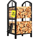 AMAGABELI GARDEN &amp; HOME 29in Firewood Rack Indoor with Tools 5-Piece Fireplace Tools Set Wood Holder Outdoor Wrought Iron Log Holder Firewood Storage Rack for Fireplace,Fire Pit,Wood Stove Black