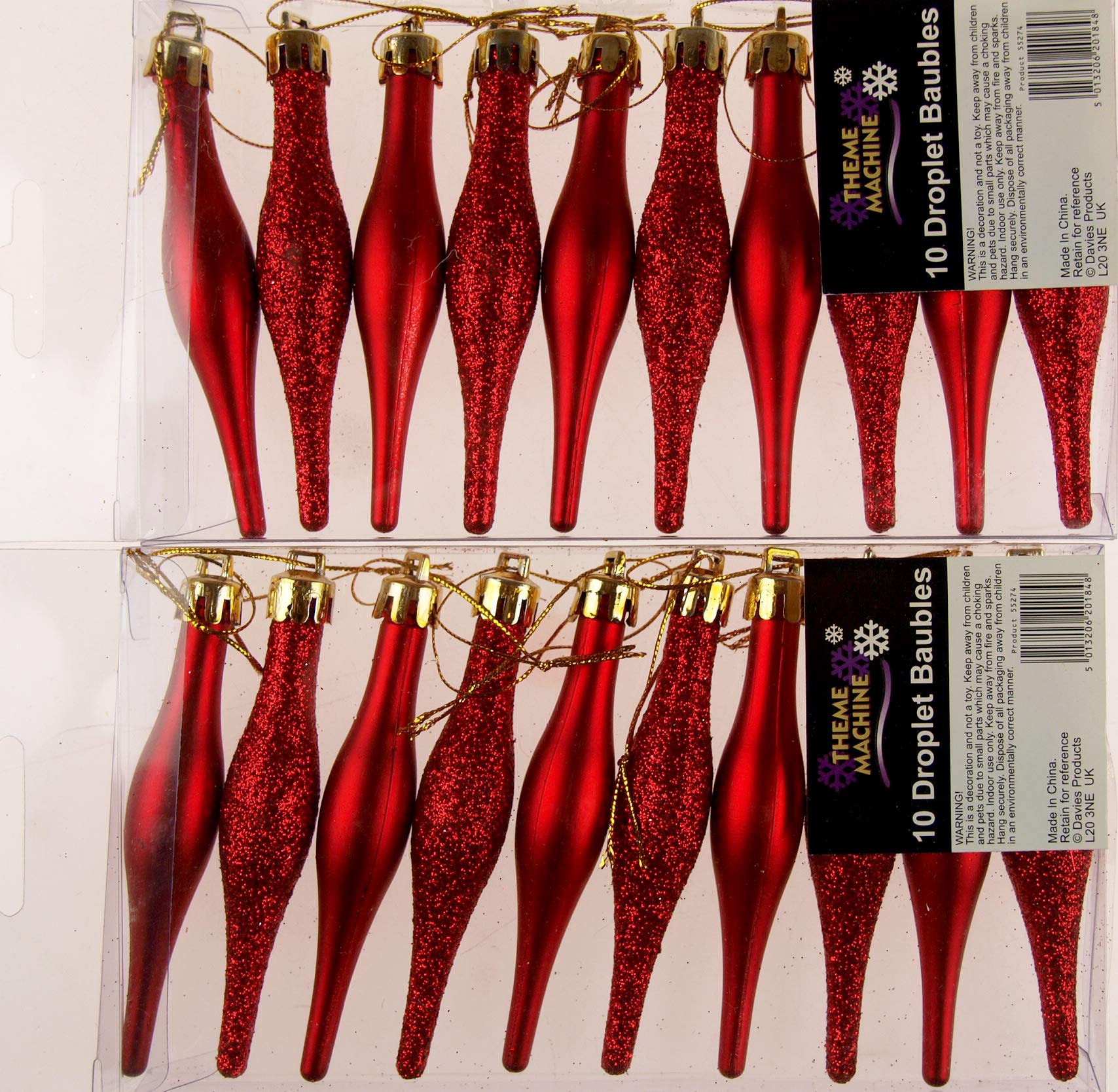 Theme Machine Set Of 20 Christmas Tree Tear Drop Droplet Baubles Decorations - Red