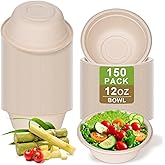 150 Pack 12 OZ Paper Bowls, Compostable Biodegradable Disposable Soup Bowls Bulk Heavy-Duty Round Eco-Friendly Sugarcane Bowl
