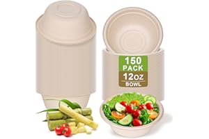 150 Pack 12 OZ Paper Bowls, Compostable Biodegradable Disposable Soup Bowls Bulk Heavy-Duty Round Eco-Friendly Sugarcane Bowl