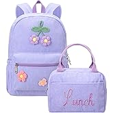 Dansydaisy Corduroy School Backpack Set Preppy Book Backpack and Lunch Bag with Crochet Flower for Girl Back to School Gift(Purple)
