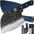 XYJ Authentic Since 1986,7-inch Ancient Butcher Knife,Serbian Chef Knives with Sheath,Whetstone,Vegetable Cooking Knife,Kitchen Camping Meat Knives,Hammer Finished,Full Tang,High Carbon Steel