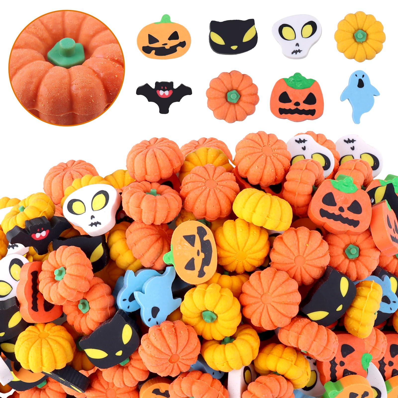 Photo 1 of 100 Pcs Halloween Pumpkin Erasers Bulk Fall Mini Erasers, Pencil Novelty Eraser Bulk for Kids 3D Eraser, Trick or Treat Halloween Party Favors, Rewarding Toy
