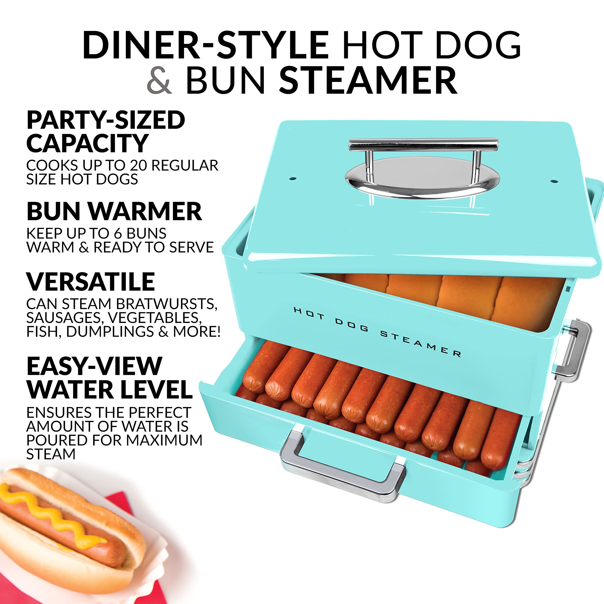 Nostalgia Extra Large Diner-Style Steamer, 20 Hot Dogs and 6 Bun Capacity, Perfect for Breakfast Sausages, Brats, Vegetables, Fish, Aqua