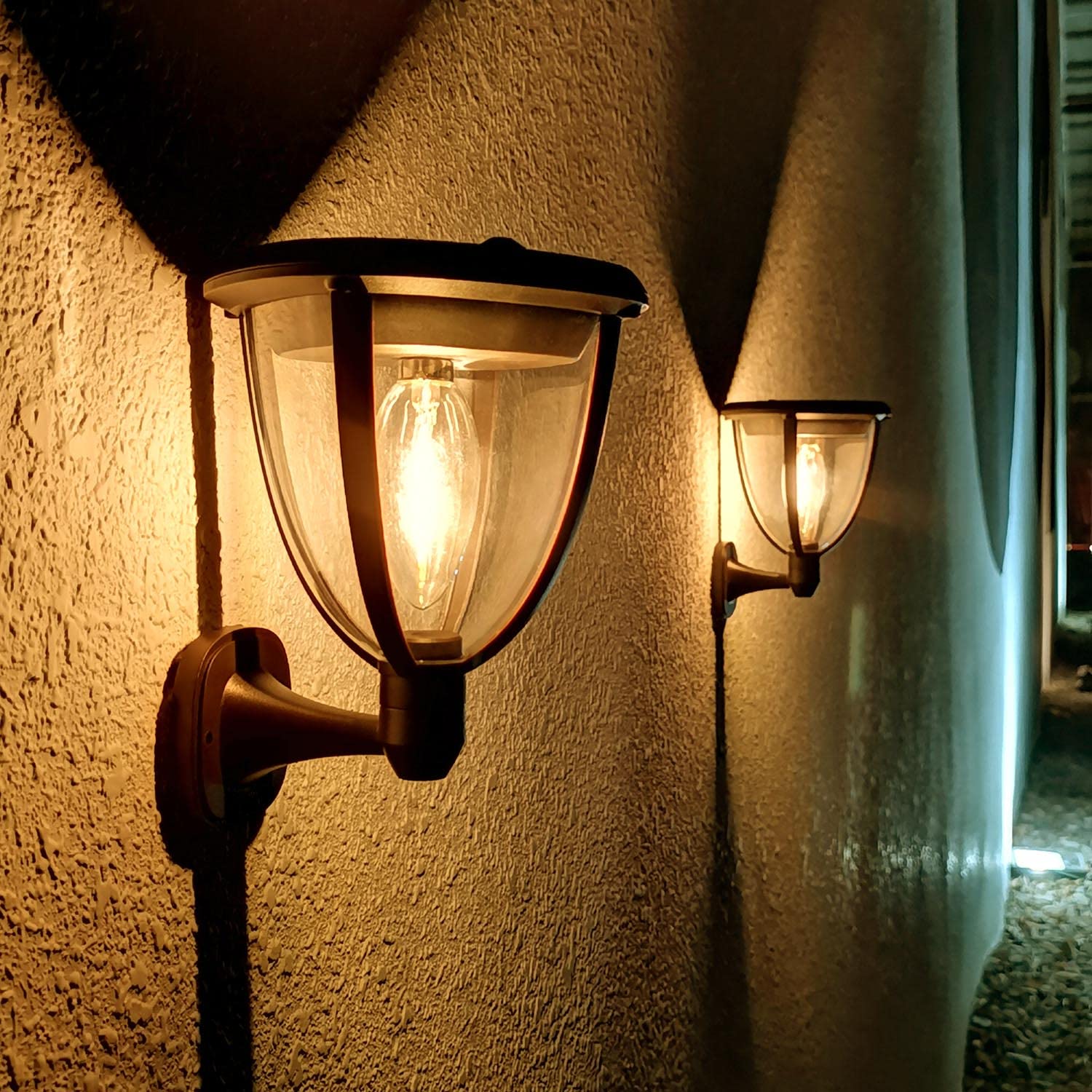 Lacasa 2 Pack Solar Wall Lights Outdoor, IP65 Waterproof Solar Sconce Lights with 2 Modes Dusk to Dawn LED Post Lights, Porch Wall Lanterns Security Lamps for Garden Fence Patio, Warm White 2700K