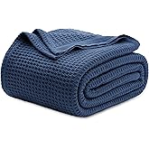 Bedsure Gentlesoft 100% Cotton Blanket King Size for Bed - Breathable and Soft for Spring Summer, Thick Cozy Waffle Weave Blanket Gifts for Women, Navy, 104x90 inches