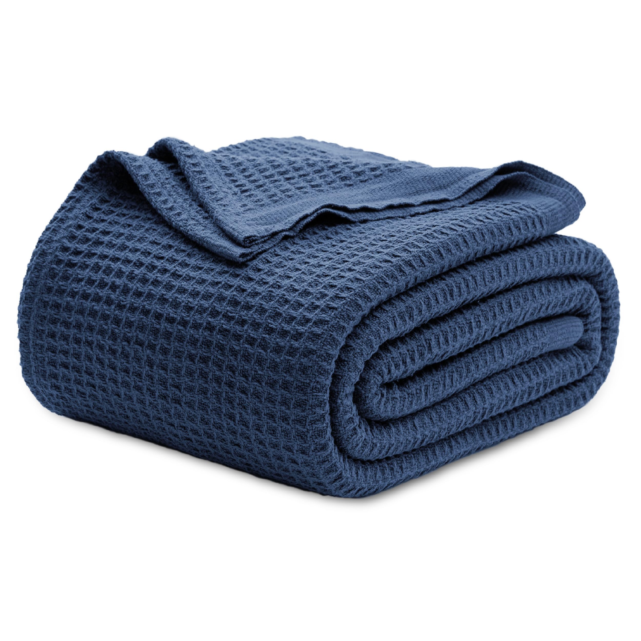 Bedsure Gentlesoft 100% Cotton Blanket Twin XL Size for College Dorm - Cooling Breathable and Soft for Spring Summer, Waffle Weave Twin Blanket for Bed, Dorm Room Essentials, Navy, 66x90 inches