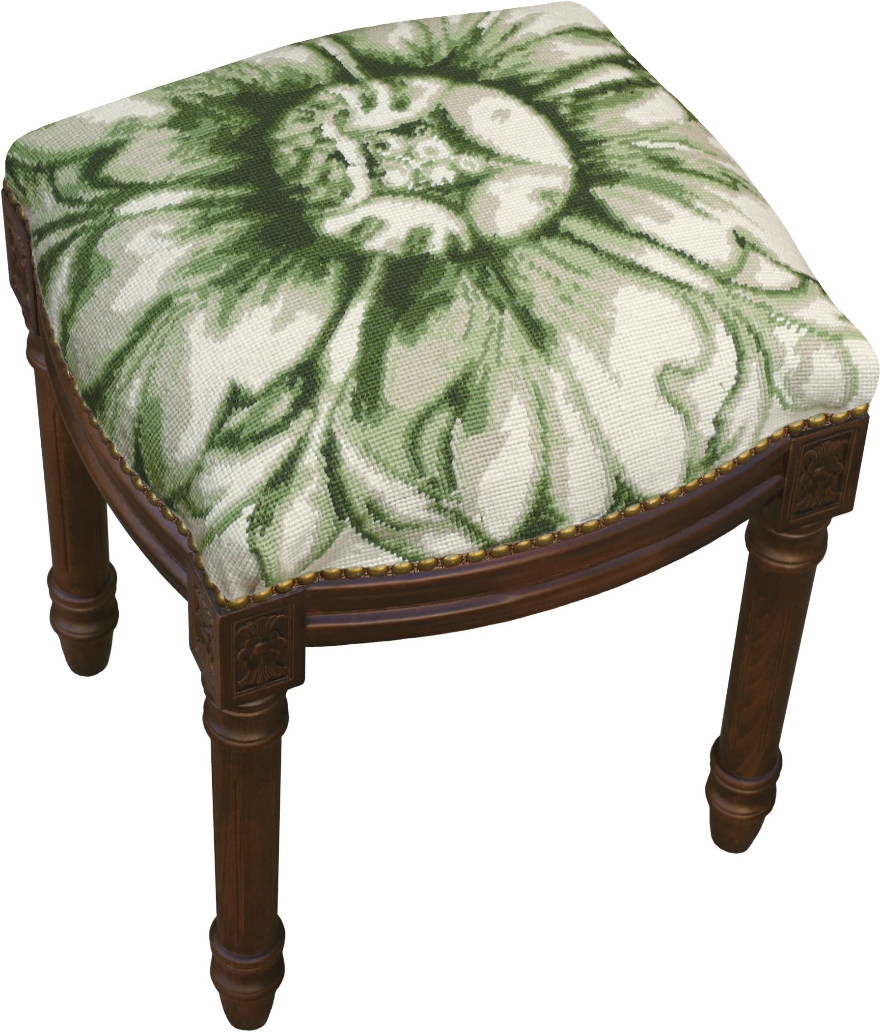 SketchONE Wool Needlepoint Upholstered Vanity Stool, Rosette, Green