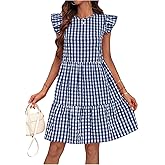 Floerns Women's Tiered Ruffle Gingham Short Dress Cap Sleeve Vacation A Line Dresses