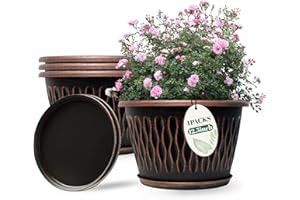Usocik 4 Pack 12 Inch Retro Plant Pots, Vintage Striped Flower Pots with Drainage Hole & Saucer, Large Plastic Planters for Indoor and Outdoor Plants, Decorative Garden Pots(Copper)