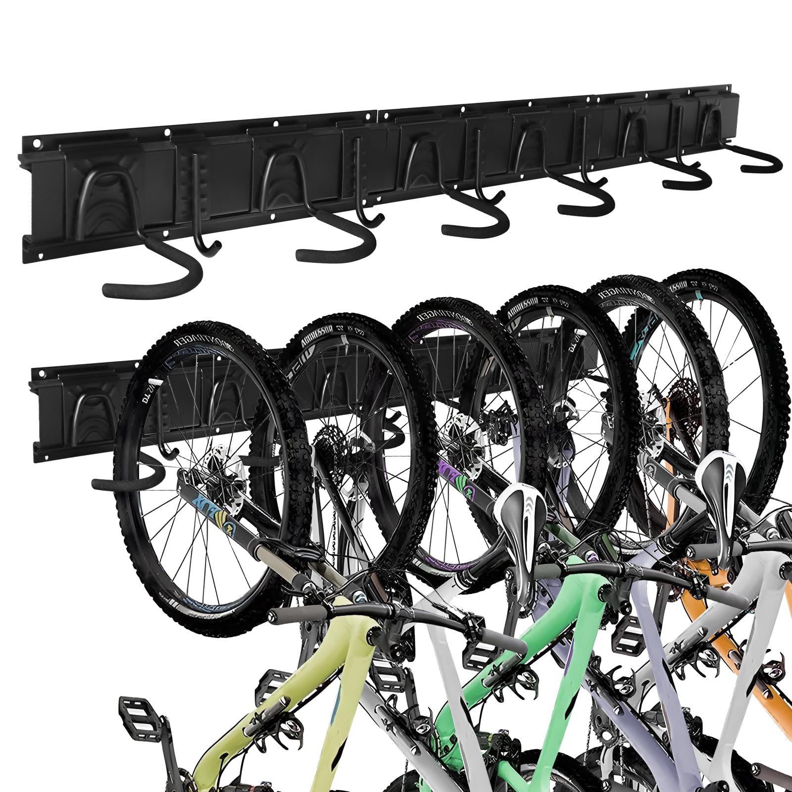EXLECO Bicycle Holder Bicycle Wall Mount 6 Bicycles & 5 Helmet Adjustable Bicycle Mount Wall Bicycle Stand Vertical Wall Bicycle Suspension with Frame Protection for Home Garage Storage