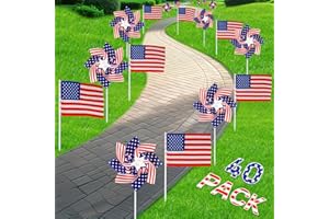 CATEPHE 4th of July Decorations Outdoor, Memorial Day Decorations Outdoor, 40 Pack Fourth of July Decor for Independence Day, Patriotic Stars and Stripes Pinwheels & Flags Decorations for Garden Yard