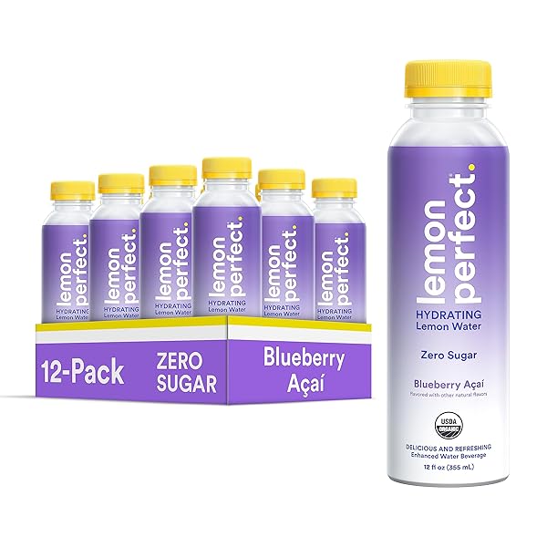 LEMON PERFECT, HYDRATING ORGANIC LEMON WATER, ZERO SUGAR, FLAVORED WATER, SQUEEZED FROM REAL FRUIT, PLASTIC NEUTRAL, NO ARTIFICIAL INGREDIENTS, BLUEBERRY ACAI (12OZ BOTTLES) 12PK