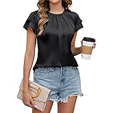 Blooming Jelly Women's Dressy Business Casual Pleated Ruffle Short Sleeve Satin Silk Work Blouse