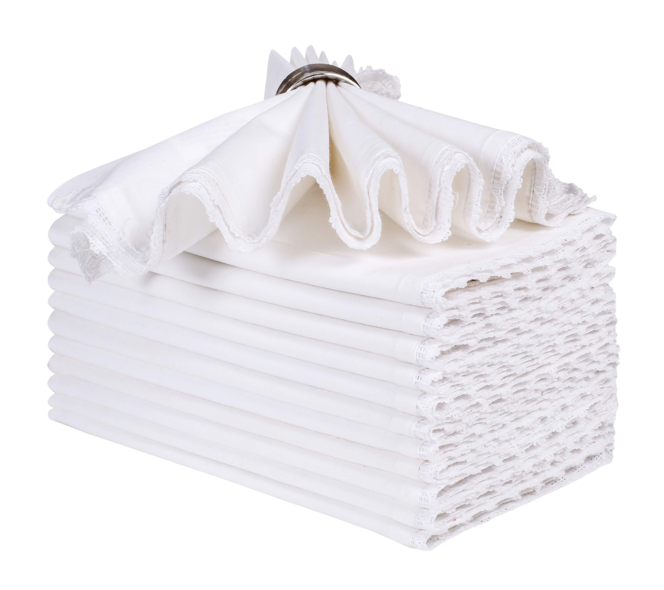 Cloth Dinner Napkins - 100% Cotton, 20x20 Inch (50x50 Cm), Lace Trimmed - White, Machine Washable Set of 12