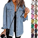 Rikbuig Jean Jacket Women Oversized Distressed Button Down Denim Shirt Jacket Casual Fall Vintage Long Sleeve Denim Shacket