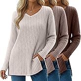 Oakgarden 3 Pack Women's Long Sleeve Oversize Tops, V Neck Ribbed Sweaters Knitted Side Slits Tees Casual Pullover Shirts