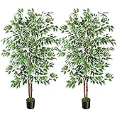 GTIDEA 2 Pcs 5ft Ficus Artificial Trees, Tall Faux Trees Indoor with Natural Trunk and Fake Silk Tree Fake Plants for Home Fall Decor Living Room Outdoor Balcony House Office (Included Dried Moss)