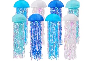 YUNXUAN Mermaid Party Decorations, Jellyfish Paper Lanterns Blue White Hanging Lantern for Mermaid Birthday Party Baby Shower Under The Sea Ocean Blue Birthday Decorations Pack of 8