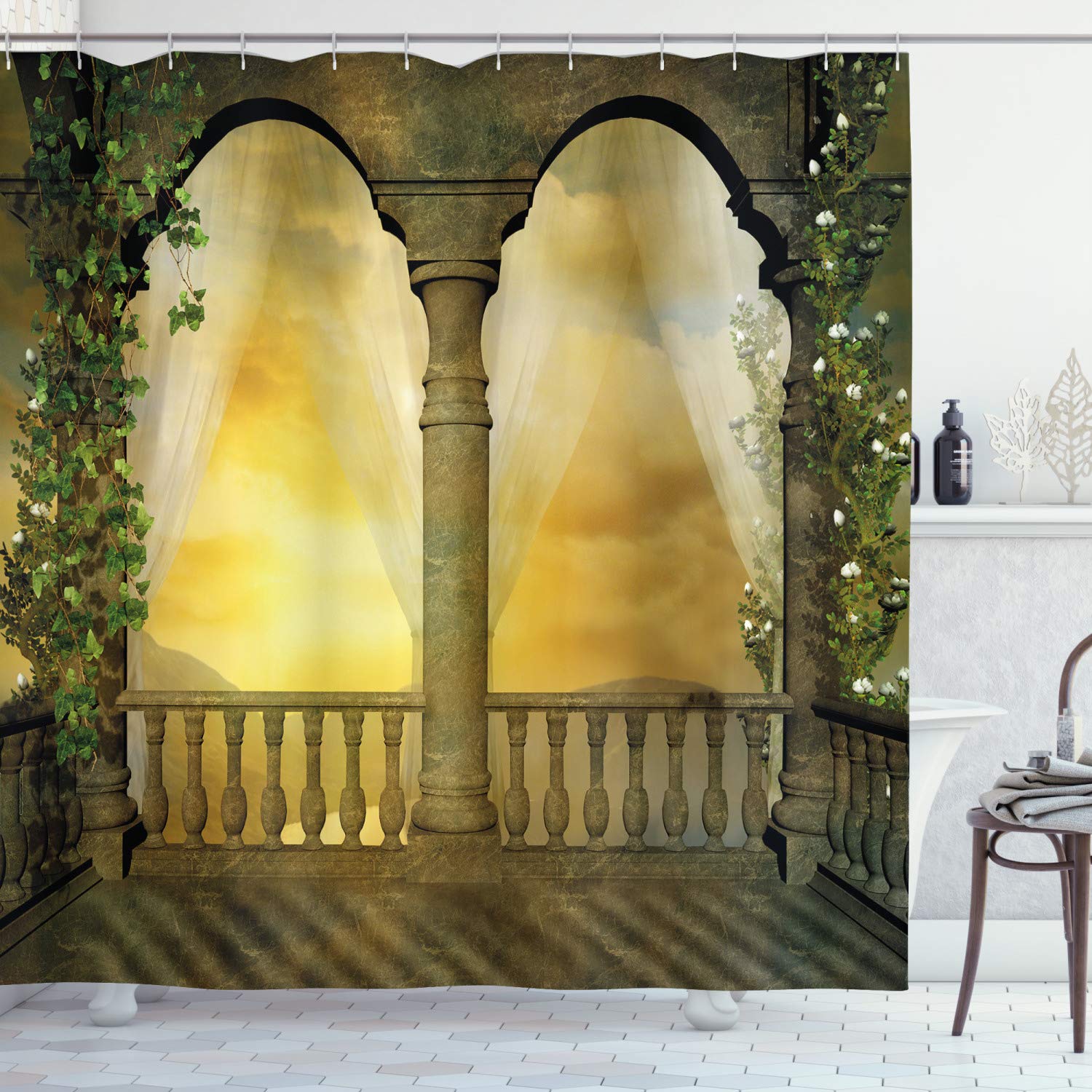ABAKUHAUS Landscape Shower Curtain, Mystical Balcony Fairytale with Floral Swirl Antique Design Art Print, Cloth Fabric Bathroom Decor Set with Hooks, 70 Inches, Pale Sepia Mustard