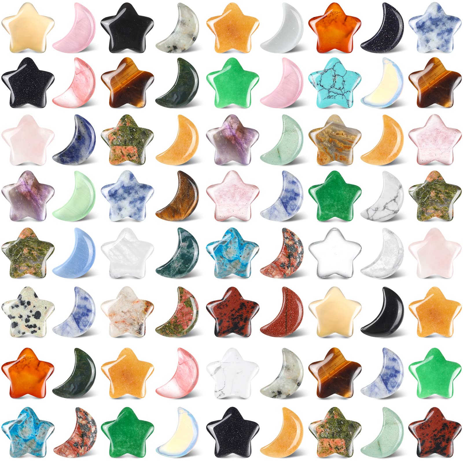 Photo 1 of Nuenen 61 Pieces Star and Moon Stones Crystal Bulk Worry Stones Moon Shaped Star Thumb Gemstones Polished Moon Pocket Star Palm Stones Bulk for Witchcraft DIY Meditation Reiki Balancing Decor (Small)