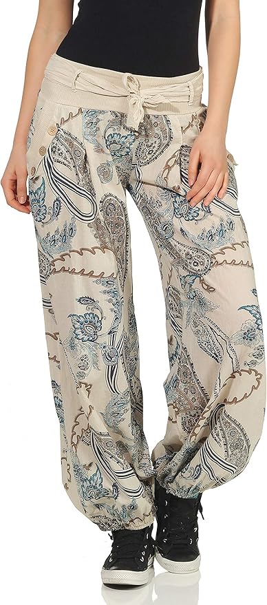 malito dames Pofbroek met opdruk | comfortabele vrijetijdsbroek | lichte stoffen broek incl. riem | Harembroek - nonchalant 3485 (rood