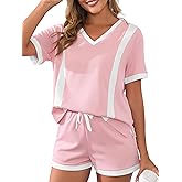 VIAURBE Women's Two Piece Outfits Color Block Lounge Sets Casual Short Sleeve Pullover Tops Matching Shorts