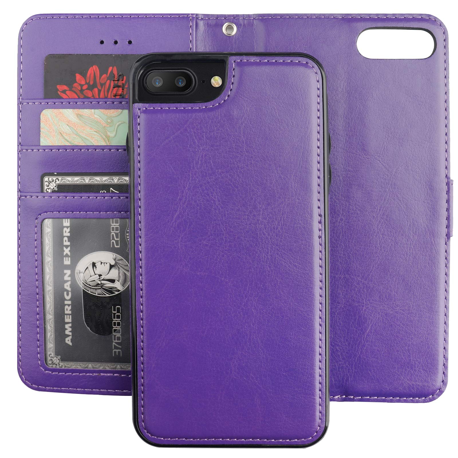 Bocasal for iPhone 7/8 Plus Wallet Case with Card Holder PU Leather Magnetic Kickstand Shockproof Wrist Strap Removable Flip Cover for 5.5 inch (Purple)