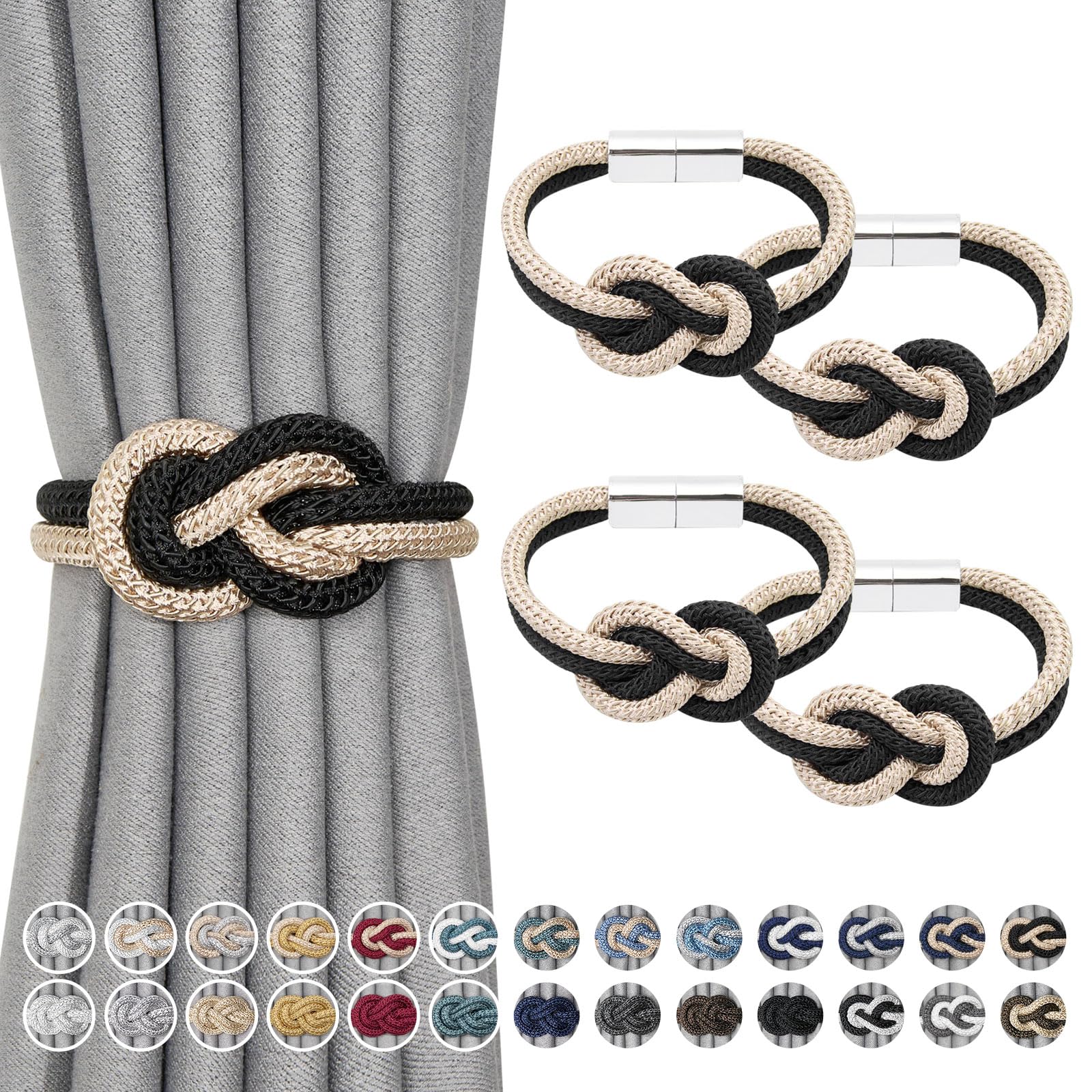 Pretty Jolly 4 Pack Mini Magnetic Curtain Tiebacks Nordic Simple Style Drape Tie Backs Elegant Hand Weave Rope Knot Decorative Curtain Holdbacks for Home & Office Window Drapery (Black & Beige)